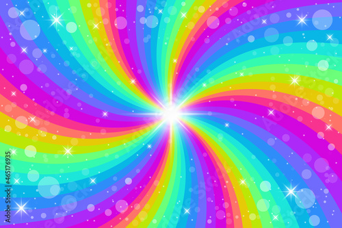 Rainbow swirl background with stars. Radial gradient rainbow of twisted spiral. Vector illustration.