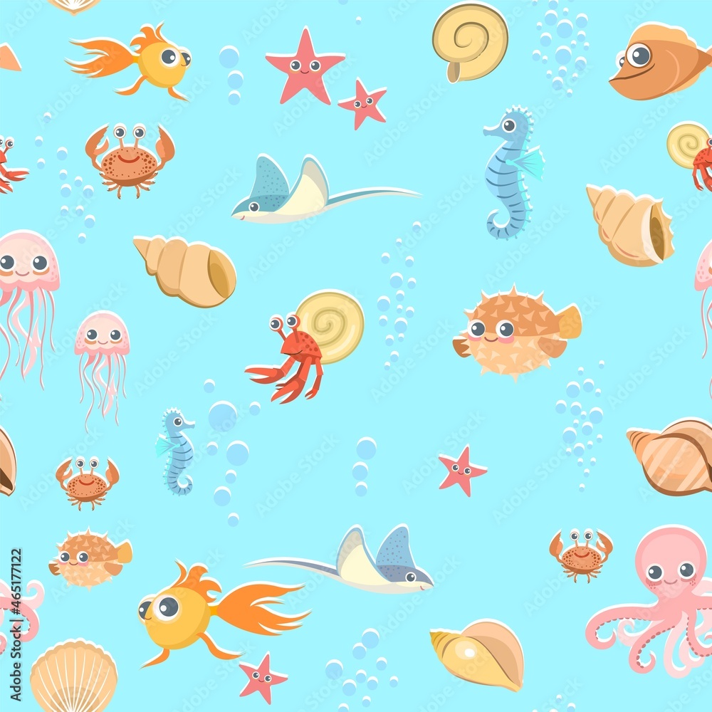 Life on coral reef. The bottom of the reservoir. Sea ocean. Underwater landscape with plants, algae and corals. Seamless. Illustration in cartoon style. Flat design. Vector art