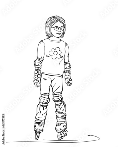 Sketch of cute girl with round spectacles is standing on skate rollers, Hand drawn vector linear illustration isolated on white background