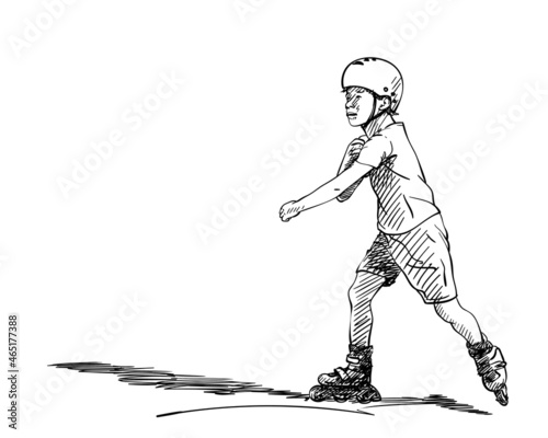 Sketch of boy learning to skate on rollers, Hand drawn vector illustration isolated on white background