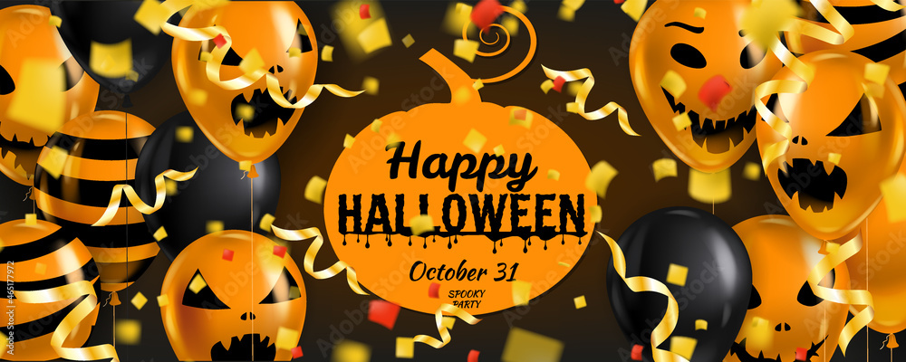 Happy Halloween banner with Balloons air realistic, gold confetti foil falling. Scary smiles, ghost icons black, orange colors. Halloween template background Happy Halloween banner with Balloons air realistic, gold confetti foil falling. Scary smiles, ghost icons black, orange colors. Halloween template background