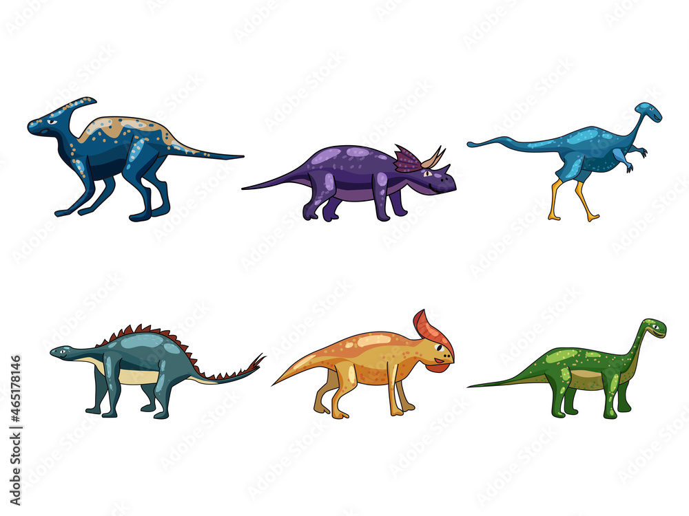 Set funny prehistoric dinosaurus Triceratops, Brontosaurus. Collection ancient wild monsters reptiles cartoon style. Vector isolated