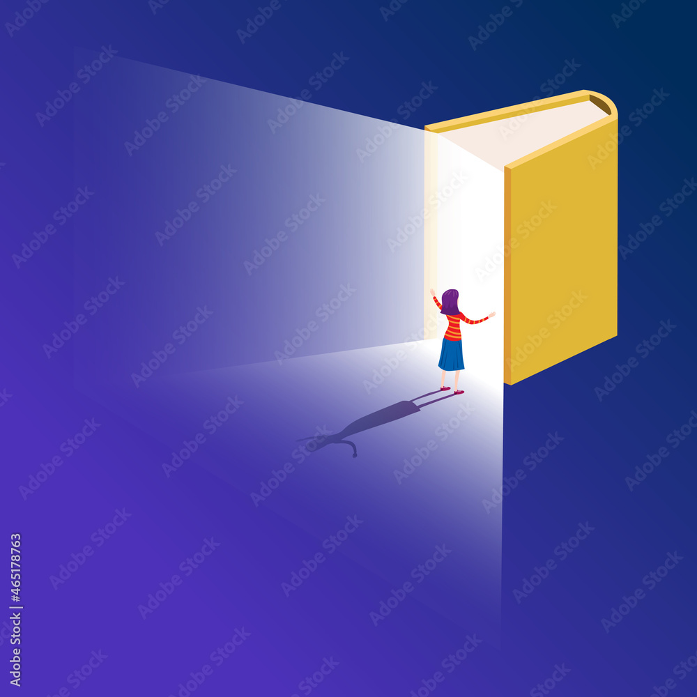 Book of imagination with a standing girl, isometric, concept background.  Education inspiration dream. Vector illustration cartoon style poster,  banner template Stock Vector | Adobe Stock