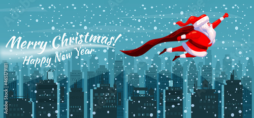 Santa Claus funny as Superhero wearing cape flying over the night modern city, buildings, skyscrapers giving out gift boxes. Merry Christmas poster background cartoon style illustration