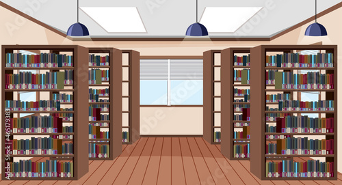 Empty library interior design with bookshelves