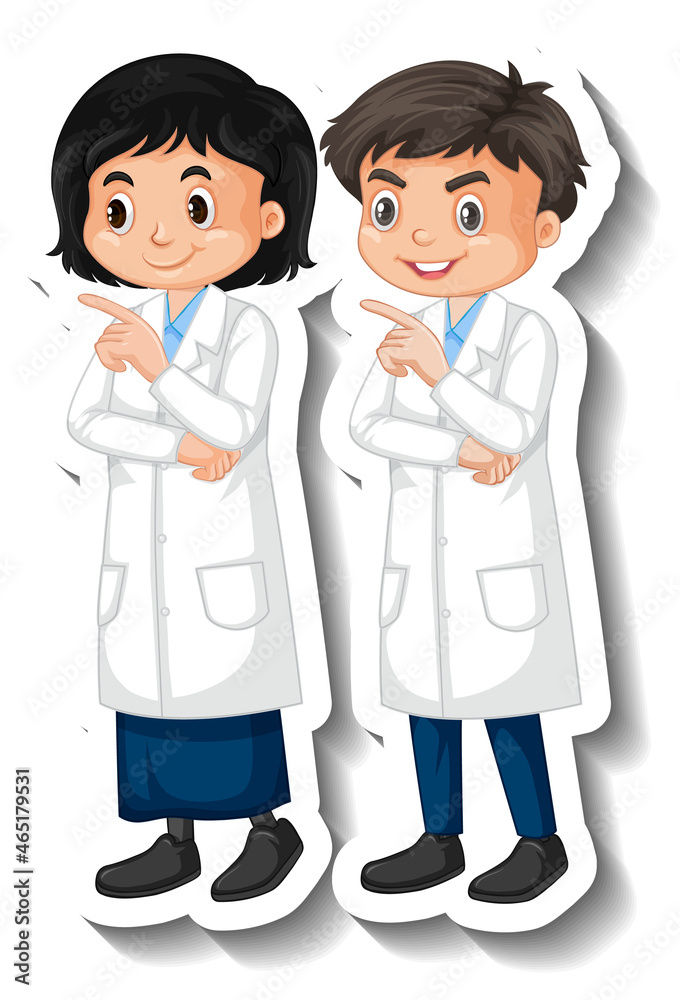 Scientist couple kids cartoon character sticker Scientist couple kids cartoon character sticker
