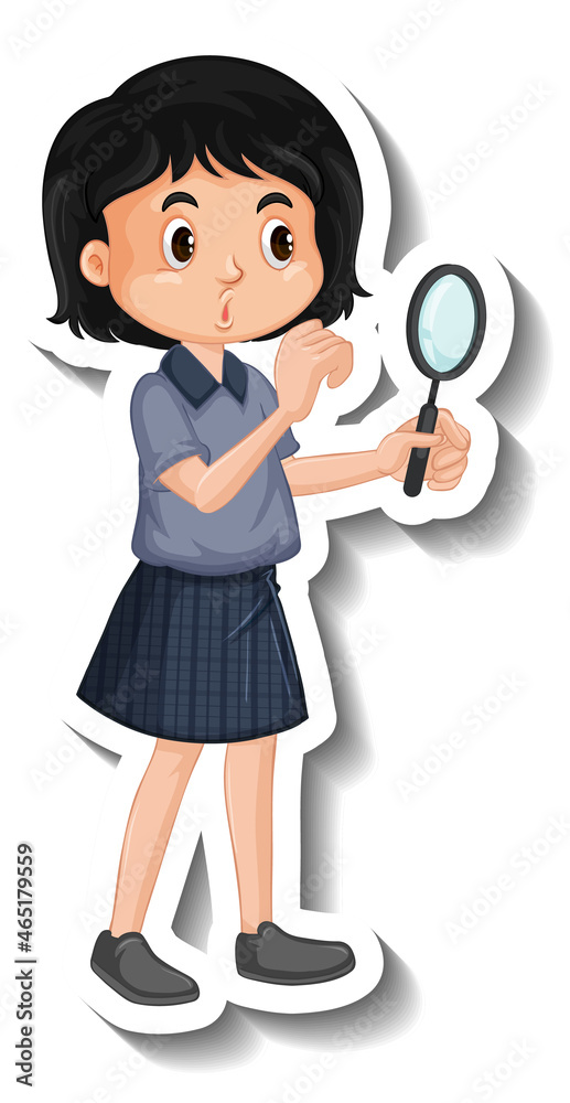 Cartoon girl looking through magnifying glass