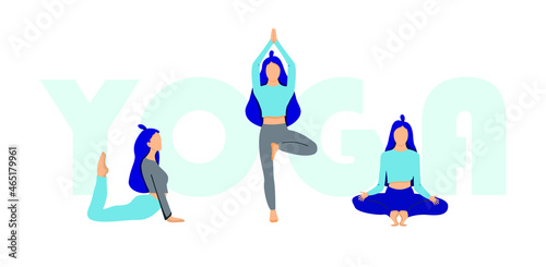 Yoga banner. yoga body posture. group of Woman practicing yoga.