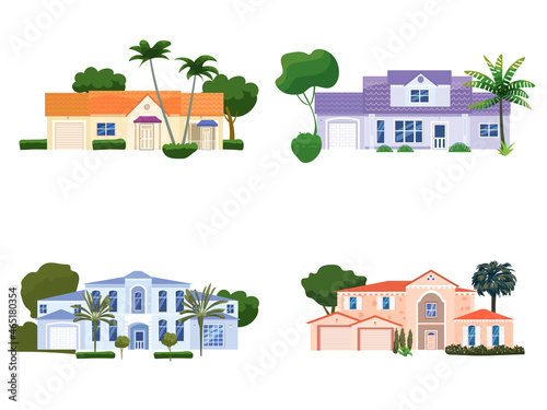 Set Mansion Residential Home Buildings, tropic trees, palms. House exterior facades front view architecture family modern contemporary cottages houses or apartments, villa. Suburban property