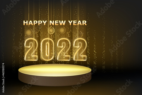 2022 New Year shiny gold color shiny numbers banner, stage podium. Realistic text flash light, golden particles, glitter, sparkles dust, black background. Vector illustration