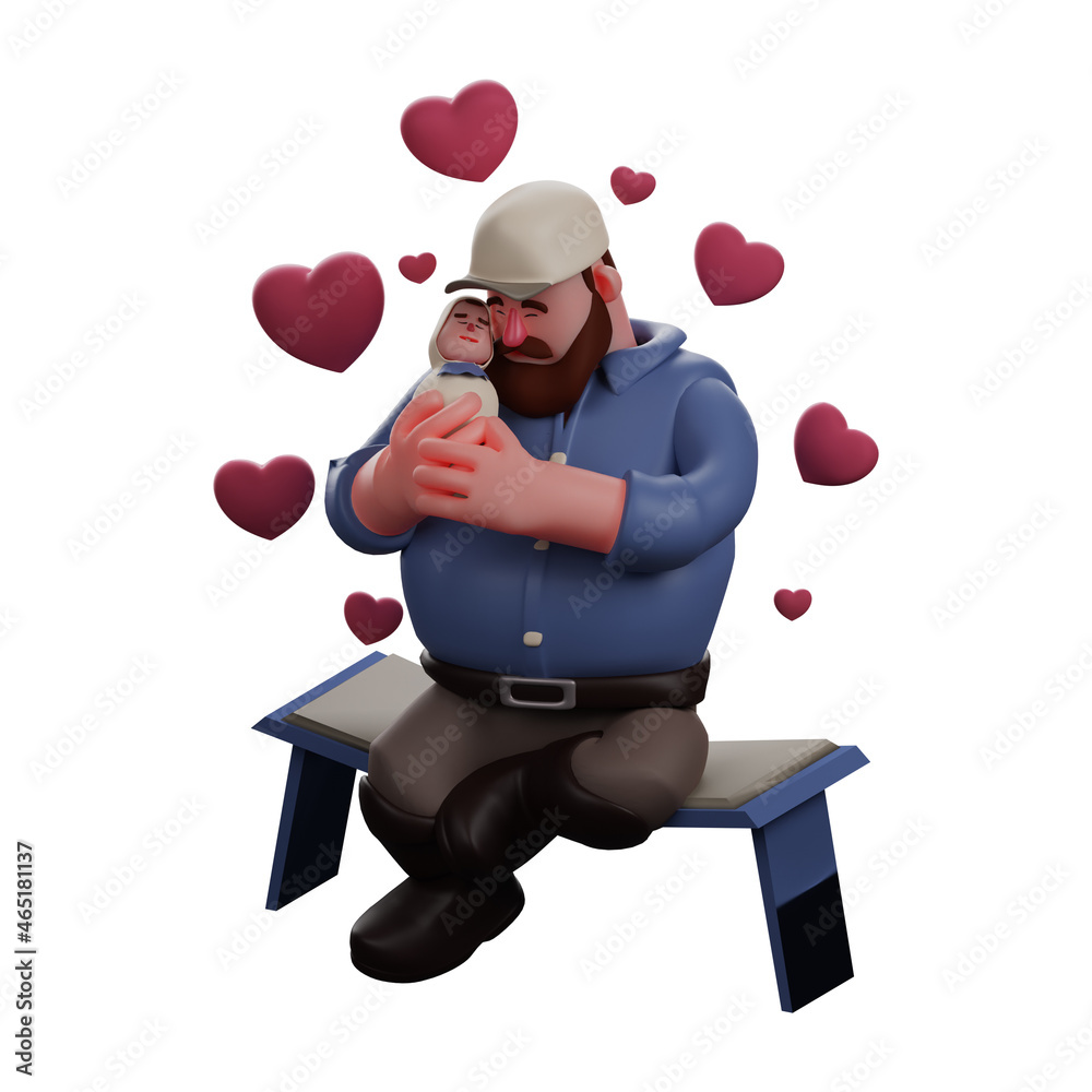3D Super Father Cartoon Illustration showering love to his baby 3D Super Father Cartoon Illustration showering love to his baby
