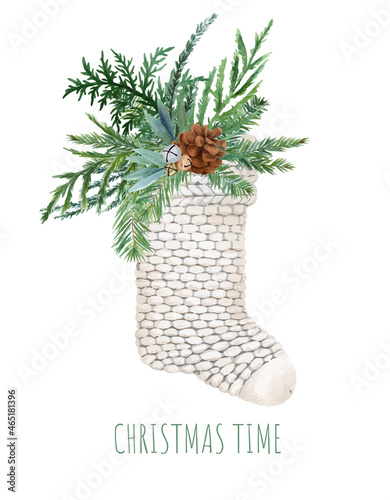 White knitted christmas sock with lush spruce bouquet