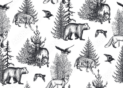 Vector seamless pattern with hand drawn forest animals, birds and trees.