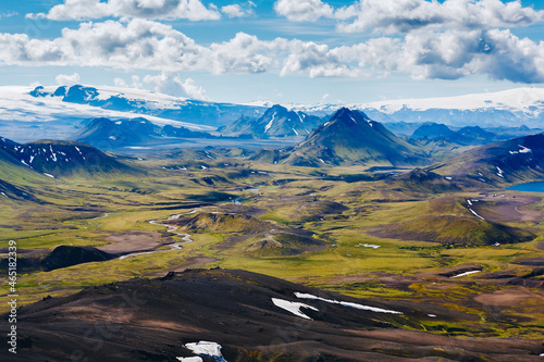 Beautiful Icelandic landscape with mountains, sky and clouds. Trekking in national park Landmannalaugar