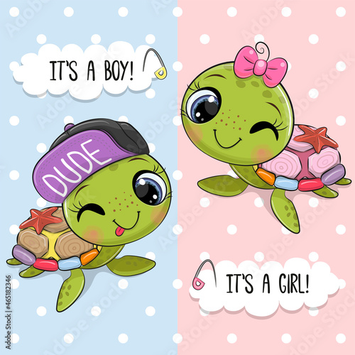 Greeting card with Cute Cartoon Turtles