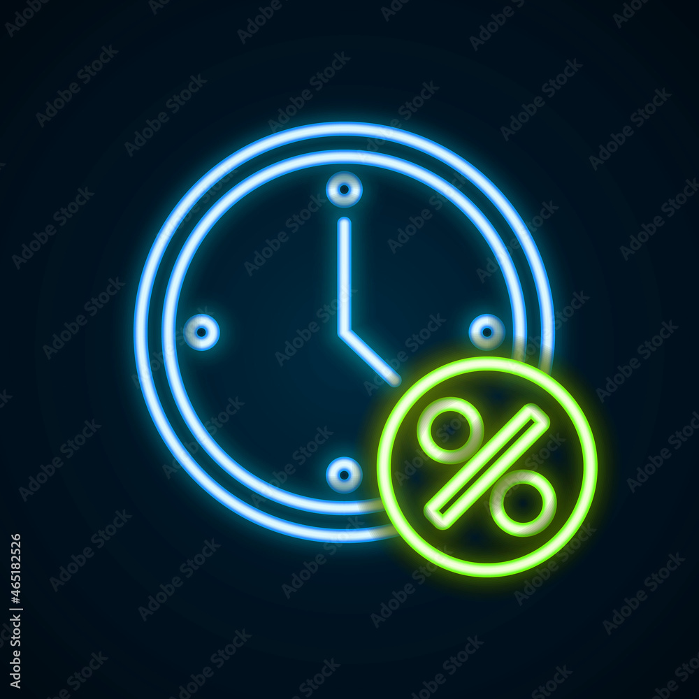 Glowing neon line Clock and percent discount icon isolated on black background. Colorful outline concept. Vector Glowing neon line Clock and percent discount icon isolated on black background. Colorful outline concept. Vector