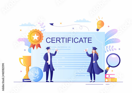 Graduation Certificate Document Icon with License badge, Diploma. Hat and Medal. Online Education for Website or Poster Background Vector Illustration