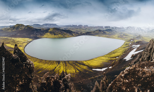 Great view of Highlands from mountain beside Alfavatn lake on the Laugavegur hiking trail. Iceland, dramatic and picturesque scene photo