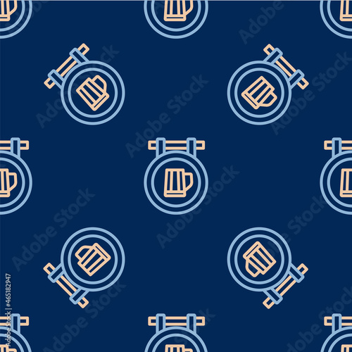 Line Street signboard with glass of beer icon isolated seamless pattern on blue background. Suitable for advertisements bar, cafe, pub, restaurant. Vector