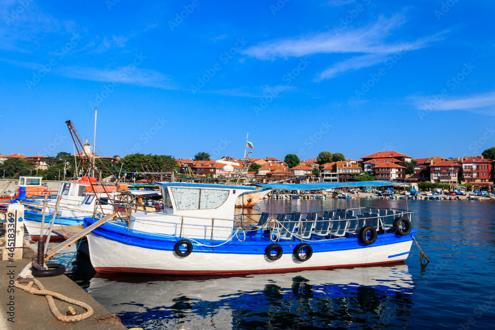 Tourist boats moored in a port in Nessebar, Bulgaria