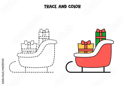 Trace and color Santa sledge. Worksheet for kids.