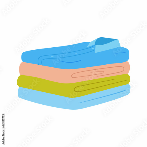 Flat Illustration of Stack of Neatly Folded Clean Clothes isolated on white. Shirt and towels are stacked after washing.
