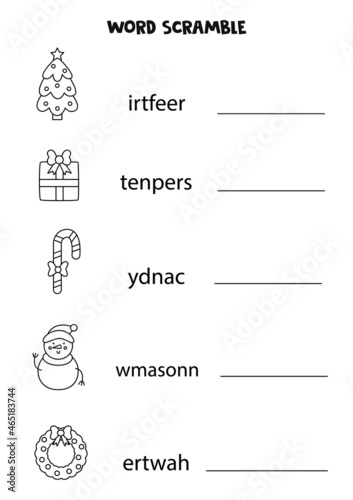 Puzzle for kids. Word scramble for children. Black and white Christmas pictures.