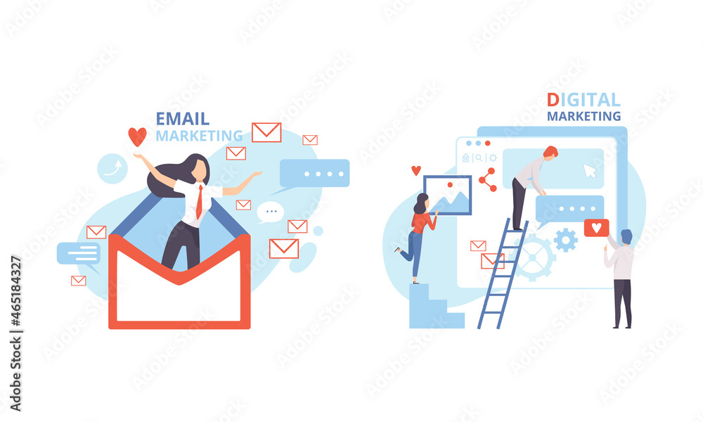 People Character Engaged in Digital Marketing in Social Network and Online Media Vector Set People Character Engaged in Digital Marketing in Social Network and Online Media Vector Set