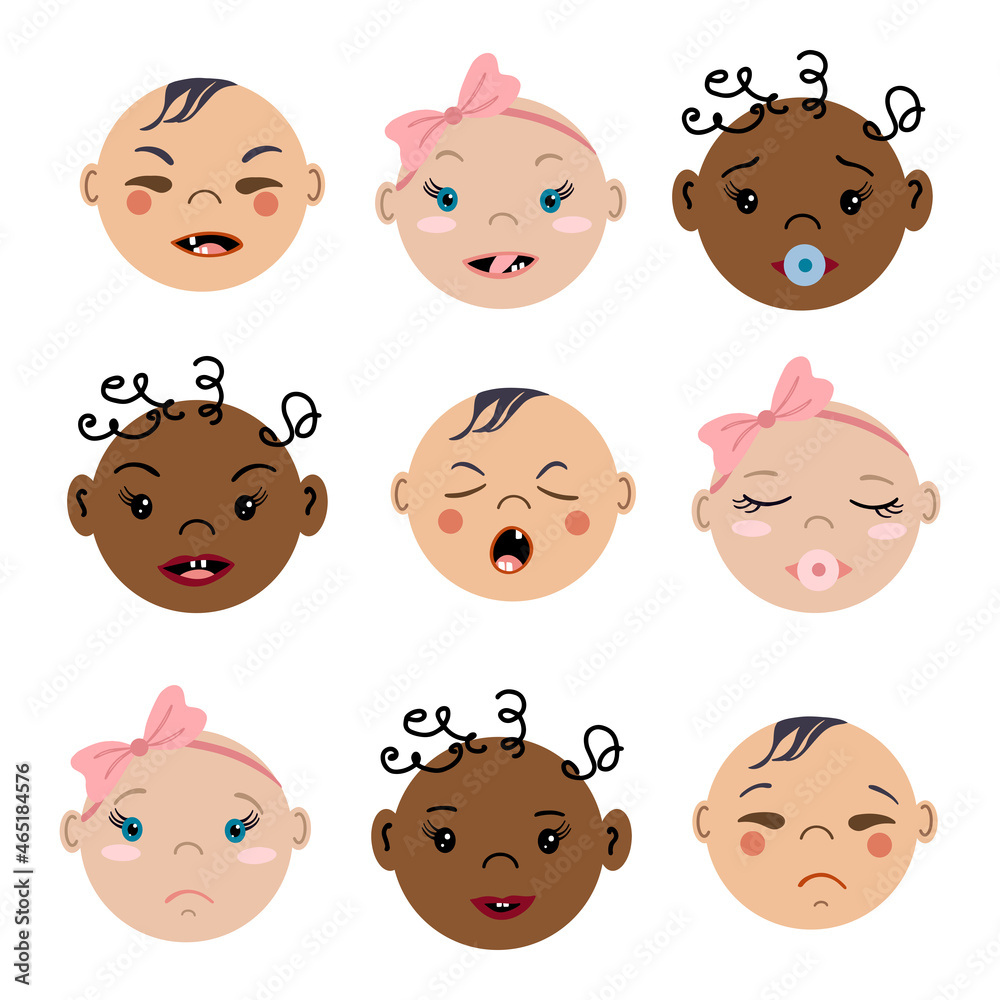 Set of cartoon baby faces with different emotions. Vector illustrations of kid portraits isolated on white background. Diversity multi-ethnic people. Set of cartoon baby faces with different emotions. Vector illustrations of kid portraits isolated on white background. Diversity multi-ethnic people.