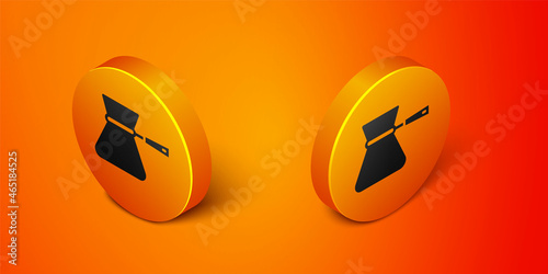 Isometric Coffee turk icon isolated on orange background. Coffee cezve. Orange circle button. Vector