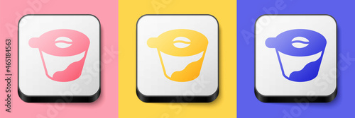 Isometric Pour over coffee maker icon isolated on pink, yellow and blue background. Alternative methods of brewing coffee. Coffee culture. Square button. Vector