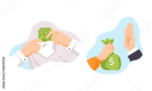 Human Hands Taking Dishonest Money and Showing Stop Sign Vector Set