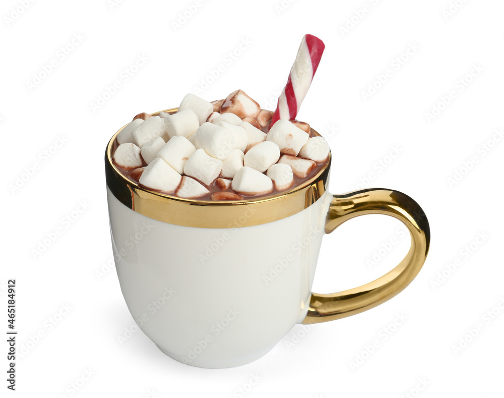 Cup of delicious hot chocolate with marshmallows and candy cane isolated on white Cup of delicious hot chocolate with marshmallows and candy cane isolated on white