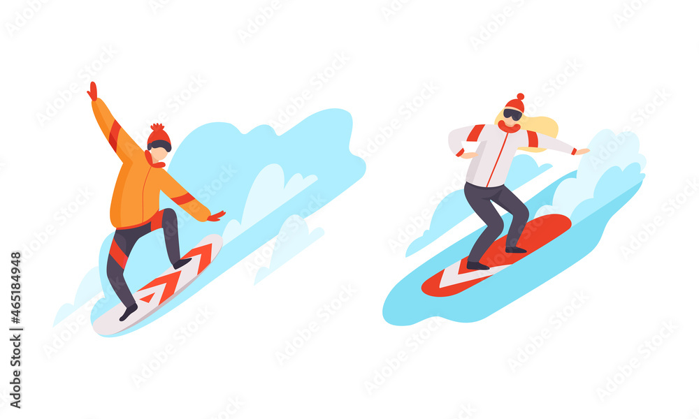 Man and Woman Character Engaged in Extreme Sport Snowboarding Vector Set