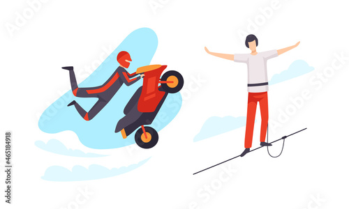 Man Character Engaged in Extreme Sport Motorcycle Racing and Walking Rope Vector Set