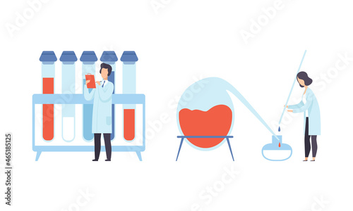 Man and Woman Research Scientist in Laboratory Coat Conducting Experiment with Chemical in Flask Vector Set