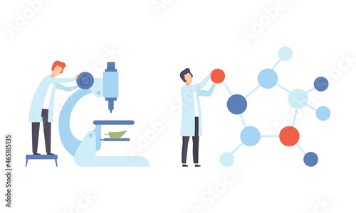 Man Research Scientist in Laboratory Coat Conducting Experiment with Molecule Structure and Microscope Vector Set