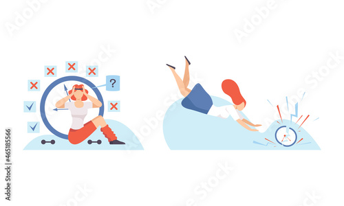 Woman with Breaking Clock Dial Failing Handling Deadline and Timeline Vector Set