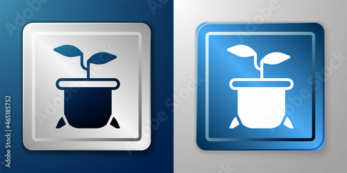 White Plant in pot icon isolated on blue and grey background. Plant growing in a pot. Potted plant sign. Silver and blue square button. Vector