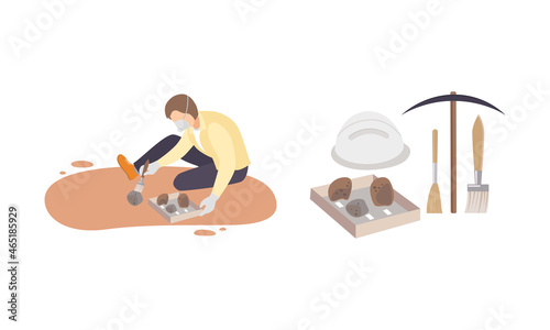 Man Archaeologist with Tool Searching for Material Remains Vector Set