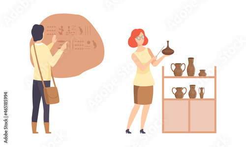 Man and Woman Archaeologist Examining Cave Drawing and Amphora Vector Set