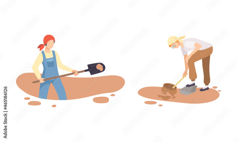 Woman Archaeologist Digging Ground with Shovel Searching for Material Remains Vector Set