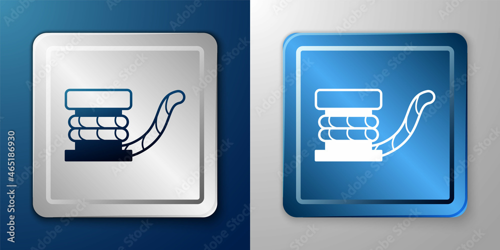 White Marine bollard with rope tied on pier icon isolated on blue and grey background. Silver and blue square button. Vector White Marine bollard with rope tied on pier icon isolated on blue and grey background. Silver and blue square button. Vector