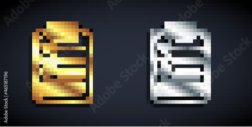 Gold and silver Clipboard with checklist icon isolated on black background. Control list symbol. Survey poll or questionnaire feedback form. Long shadow style. Vector