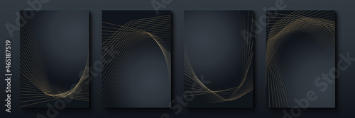 Modern black stripe cover design set. Luxury creative gold dynamic diagonal line pattern. Formal premium vector background for business brochure, poster, notebook, menu template