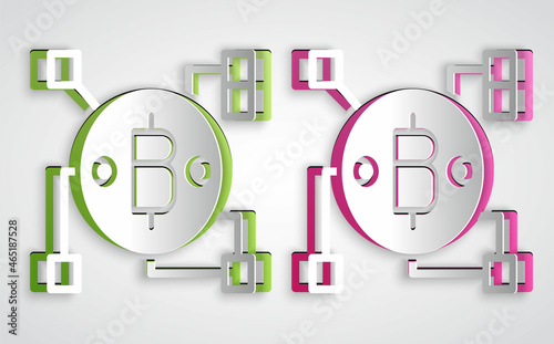 Paper cut Blockchain technology Bitcoin icon isolated on grey background. Abstract geometric block chain network technology business. Paper art style. Vector