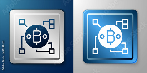 White Blockchain technology Bitcoin icon isolated on blue and grey background. Abstract geometric block chain network technology business. Silver and blue square button. Vector