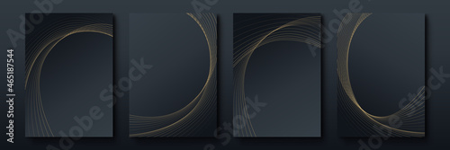 Abstract minimalist poster collection with golden smooth thin ink lines on black background. luxury banner vector design. A4 size. Ideal for flyer, packaging, invitation, cover, business card.