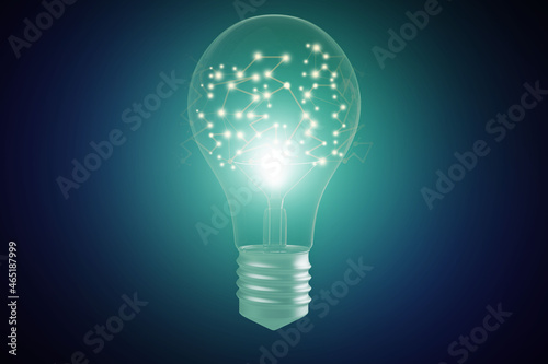 Creative glowing lamp with polygonal connections on bright green background. Idea and innovation concept. 3D Rendering.