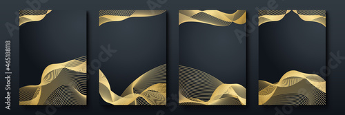 Modern black stripe cover design set. Luxury creative gold dynamic diagonal line pattern. Formal premium vector background for business brochure, poster, notebook, menu template